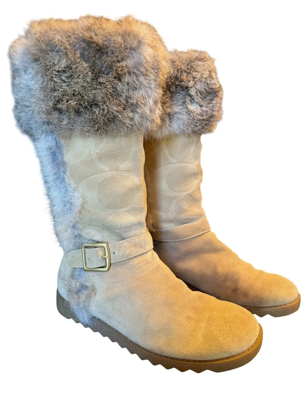 COACH Deeann Signature Embossed Beige Suede Rabbit Fur Trim Women’s Boots 7-1/2